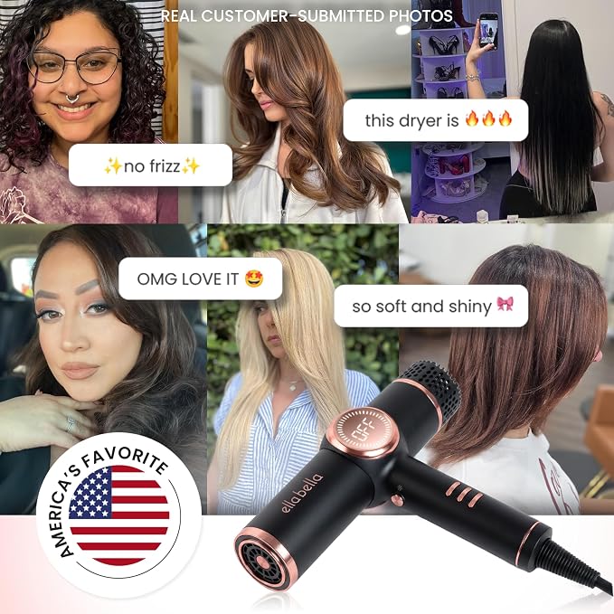 ELLA BELLA® Professional Ionic Hair Dryer with Diffuser • Negative Ion Blow Dryer • Suitable All Hair Types • Intelligent Heat Control & Rapid Drying Speeds • Lightweight Design • Low Noise Technology