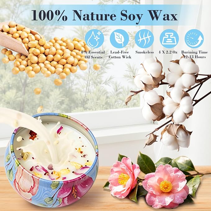 4 Pack Scented Candles for Women Gift- 8% Essential Oil Aromatherapy Candle Set, 50H Long Lasting Natural Soy Wax Candles, Travel Tin Gift Box for Stress Relief Spa Yoga Birthday Housewarming