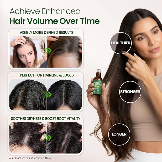 Natural Riches Organic Castor Oil with Rosemary Roll On for Hair Growth & Skin Care - Essential Oil Roller for Eyebrows, Eyelashes - Cold Pressed & Hexane Free Formula - 1 fl oz