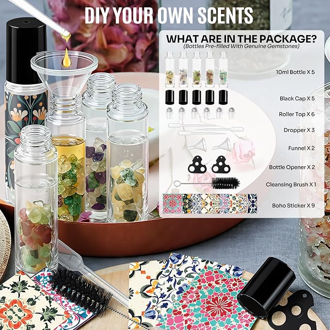 Roller Bottles for Essential Oils Roll On Bottles 5 Pack 10ml Clear with Natural Gemstones Oil Perfume DIY Kits Boho Stickers Rollerball Bottle Thick Glass Empty Leak-Proof Refillable for Travel, Gift