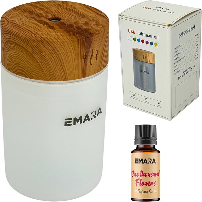 Emara Mini Diffuser for Essential Oils USB Wood Grain LED Lights 260ml, Includes 15ml Oil, Portable Diffuser for Essential Oils, Ultrasonic Mist Travel Diffuser, Small Essential Oil Diffusers Gift