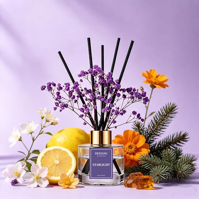 Reed Diffuser Set, 3.38 fl oz (100ml) Starlight Scent Oil Diffuser with 6 Reed Sticks, Natural Home Fragrance Reed Diffuser for Bathroom, Bedroom, Living Room Shelf Decor