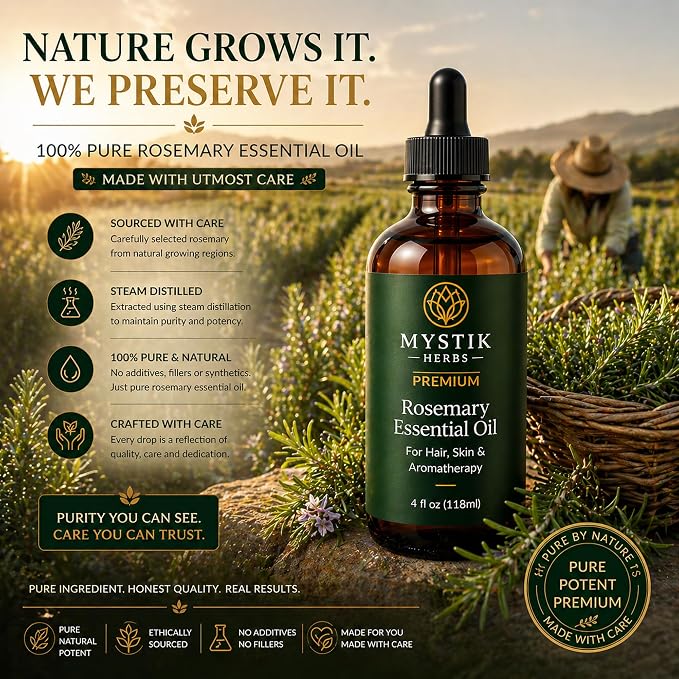Premium Rosemary Essential Oil for Hair & Scalp, 100% Pure Undiluted Rosemary Oil for Hair Care, Skin & Aromatherapy, 4 fl oz (118ml)