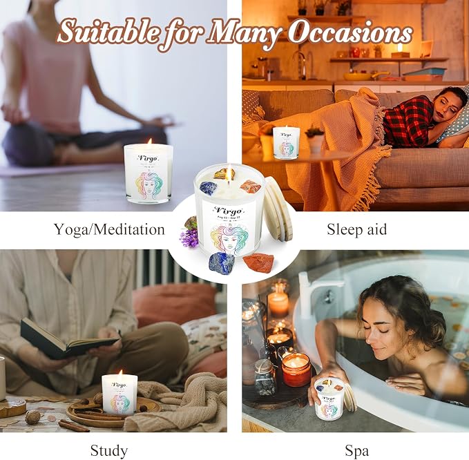 Virgo Gifts for Women, Zodiac Virgo Candle with Healing Crystals,Astrology Birthday Gifts for Women, Mom, Sister, Friends, Meditation, Yoga, Relaxation (7oz)