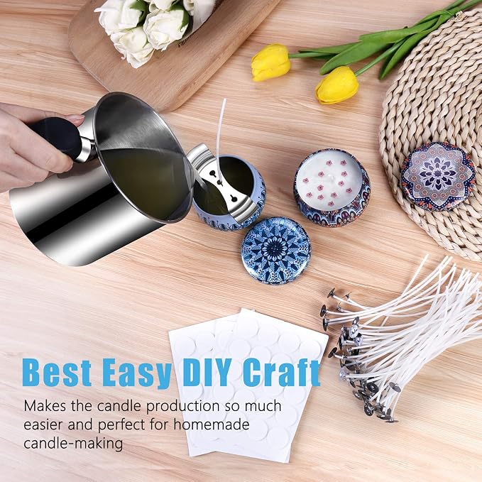 DINGPAI Candle Making Supplies, Complete Soy Candle Making Set Including Candle Make Pouring Pot, Candle Wicks, Wicks Sticker, 3-Hole Candle Wicks Holder, Natural Soy Wax and Spoon