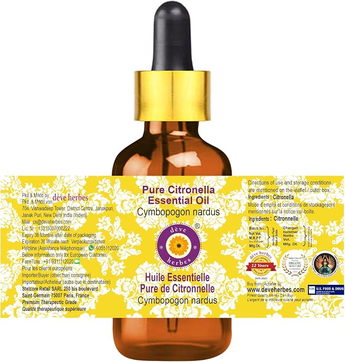 Deve Herbes Pure Citronella Essential Oil (Cymbopogon nardus) with Glass Dropper Steam Distilled 30ml (1 oz)