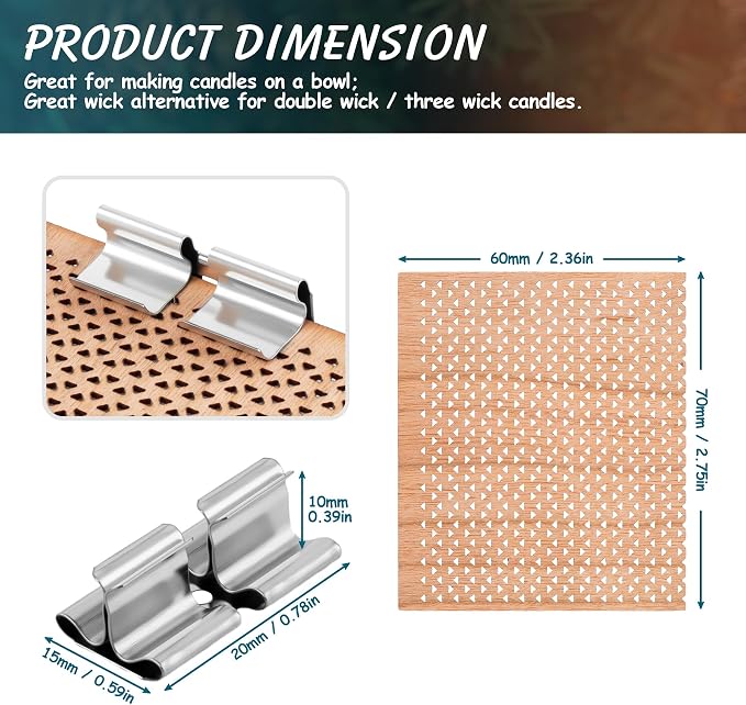6 Set Large Wood Candle Wick Grid Design Large Wooden Wick 2.7x2.4inch / 70x60mm (Width*Height), Natural Crackling Wood Wick Core with Iron Stands for Soy Candle Making Candles Supplies