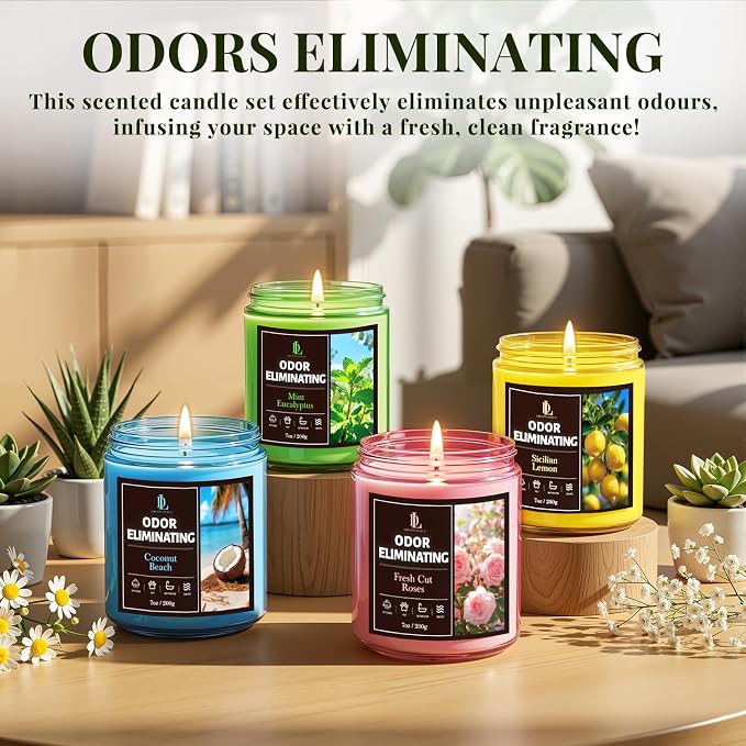 4 Pack Odor Eliminating Highly Fragranced Candle, Eliminates 95% of Food, Pet, Smoke, and Bathroom Quickly, Air Freshing Scents of Lemon/Mint Eucalyptus/Coconut/Roses, Soy Candles Gift for Women Men
