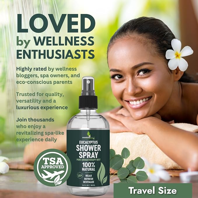 Pure Eucalyptus Shower Spray Travel Size (3.4oz) - 100% Pure and Organic Oil - Eucalyptus Spray for Shower, Sauna and Spa - Steam Room Oil - TSA Approved - Travel Size (3.4oz) - Made in USA