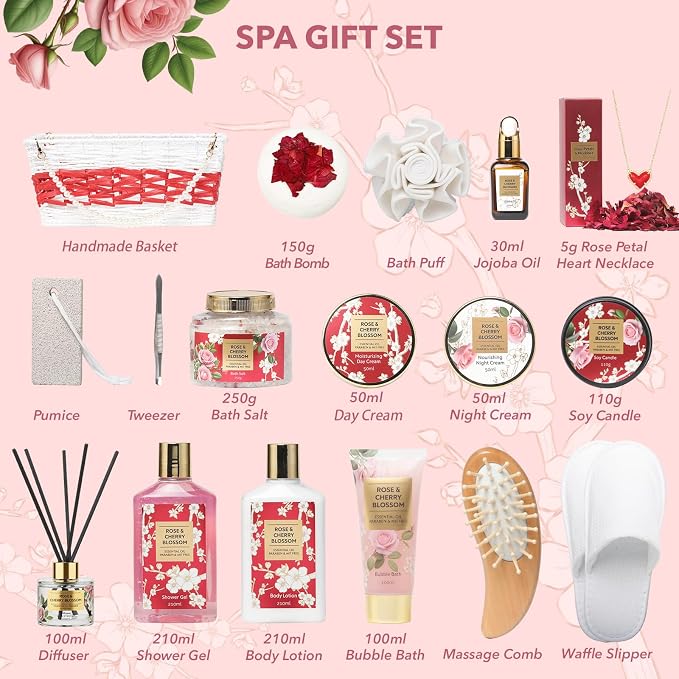 21Pcs Spa Gifts Skin Care Kit Set - Luxurious Rose Spa Gift Baskets for Women