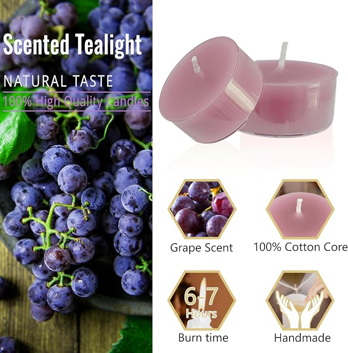 Purple Tea Lights Set of 24, Grape Scented Tealight Candles, Handmade Tea Candles, Long Burning Tealights for Romantic Wedding Home Decor Gift