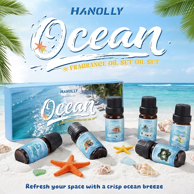 Ocean Essential Oils Set, Summer Essential Oils for Diffusers for Home, Beach Fragrance Oils for Candles & Soap Making, Scented Oils for Blue Sky, Wind, Coast, Sunshine & Fruit, Fresh Beach, Myrtle