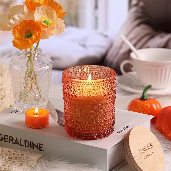 DARJEN Pumpkin Candles for Home- 6.3oz 42H Natural Soy Wax Aromatherapy Jar Candle with Strong Scent, Decorative Aesthetic Candles for Entryway, Living Room, Fall Obsession, Luxury Gift