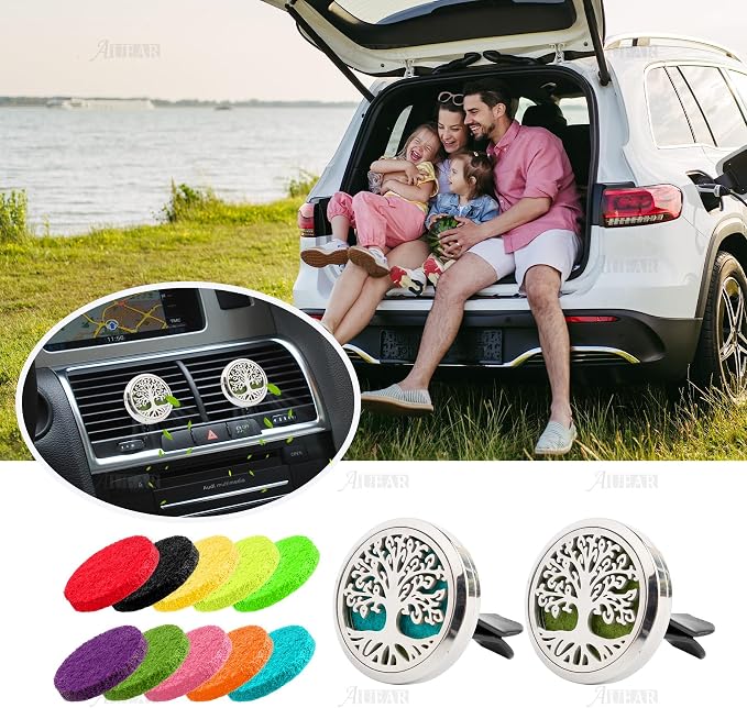 AUEAR, Car Diffuser Vent Clips Tree of Life Aromatherapy Essential Oil 30mm Stainless Steel Air Fresheners Lockets with 10 Felt Refill Pads for Women Men (Style D)