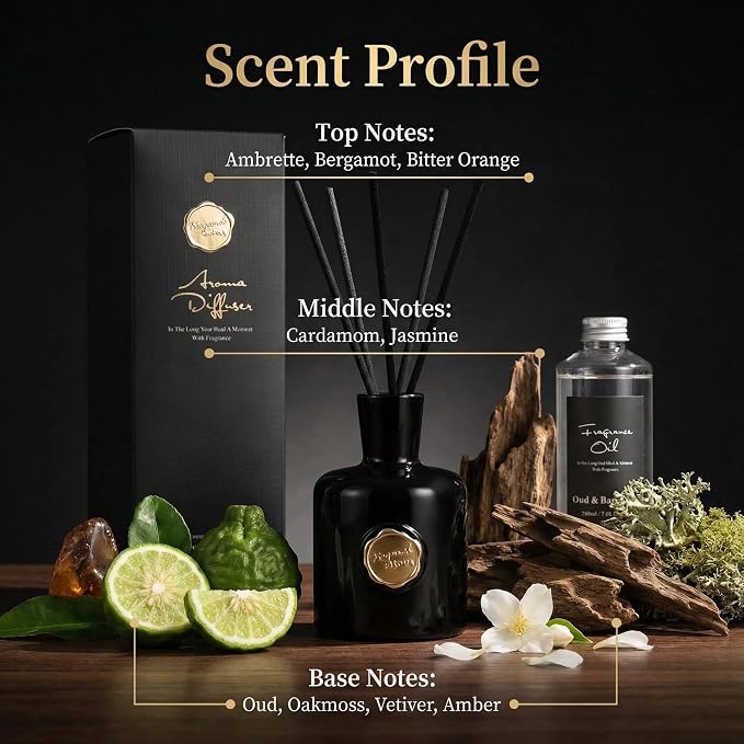 Reed Diffuser Set-Oud&Bergamot-Strong Scent, Long-Lasting Evaporation with Natural Reed Sticks & Essential Oils, Elegant Fragrance for Bathroom Bedroom Office Decor Air Fresh-Ideal Gifts