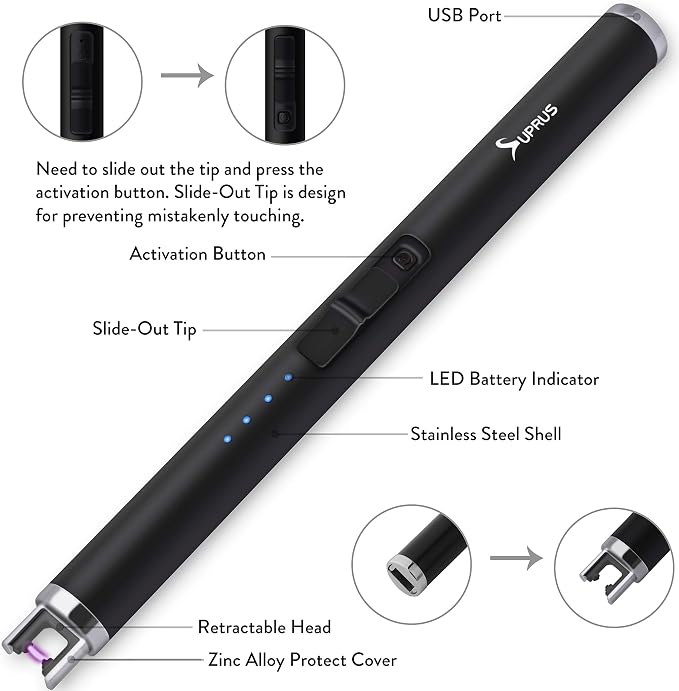 SUPRUS Candle Electric USB Lighter Safety Switch Rechargeable Flameless Plasma Windproof Pocket Size (Black&Black&Black)