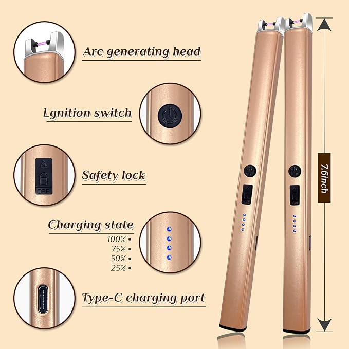 2 PCS Candle Lighter,Windproof Flameless Electric Lighter with LED Power Display ＆ Safety Switch, Upgraded Plasma USB Rechargeable Lighters for Birthday Camping BBQ (Champagne Gold)