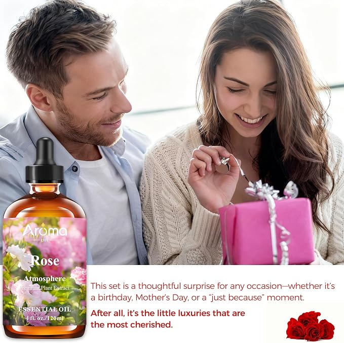 Rose Essential Oil in Premium Gift Box - Essential Oils for Home Diffusers - Perfect Self-Care & Spa Gift for Women 4 Fl Oz =