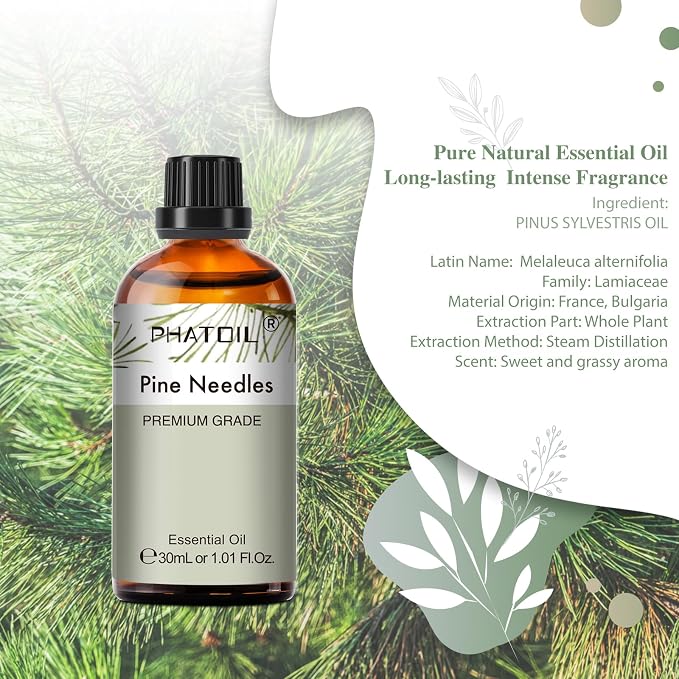 Pine Needles Essential Oil, 1.01Fl.Oz (30ML) PHATOIL Pure Essential Oil Singles for Aromatherapy Diffusers, Humidifiers, Great for DIY Candle and Soap Making, Gift for Friend