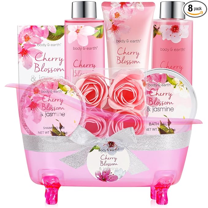 Body & Earth Spa Gifts for Women Self Care Kit - 8pcs Cherry Blossom & Jasmine Bath Sets for Women, Birthday, Mother's Day Gift Baskets for Mother, Wife, Girlfriends