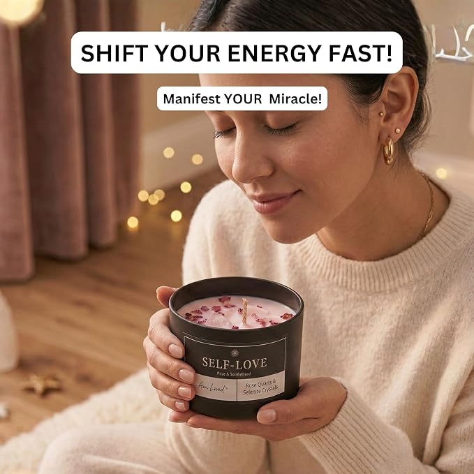 Self-Love Crystal Candle for Meditation and Room Decor, 8oz, Infused with Rose Quartz & Selenite Crystals, Rose & Sandalwood Essential Oil Scented Candles, Soy Wax Blend, Non Toxic Candles