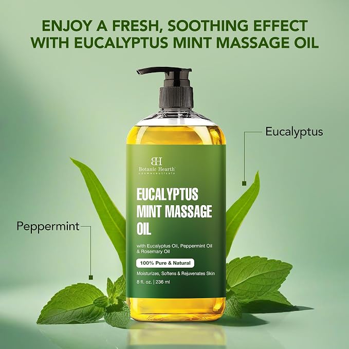 Botanic Hearth Eucalyptus Massage Oil 8 Fl Oz | Refreshing, Relaxing Massage Oils for Muscle Relaxing & Joint Comfort | Made with Natural Oils | for All Skin Types, for Men & Women
