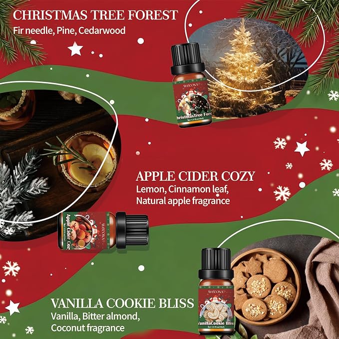 Christmas Essential Oils for Diffuser - Holiday Essential Oils Gift Set, 6 x 10ml Christmas Scents Including Gingerbread, Candy Cane, Apple Cider and More - Winter Diffuser Oils for Home