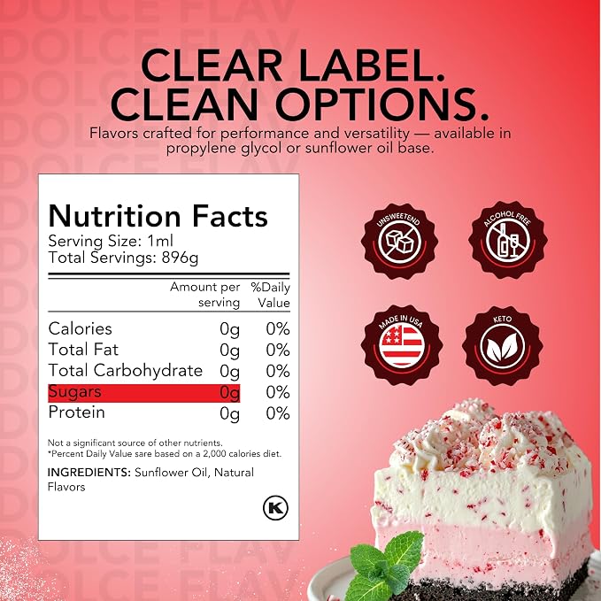 Dolce Flav Peppermint Flavoring – 32 oz. – Premium Oil-Based Extract for Chocolates, Frostings, Baked Goods & Confections | Ideal for Commercial Kitchens & Bakeries