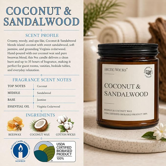 Arctic Wicks Scented Coconut Beeswax Candles | Coconut Beeswax Non Toxic Candle 9oz Amber | Farmhouse Candles Non-Toxic Clean Burn 100% USDA Certified Biobased (Coconut & Sandalwood)