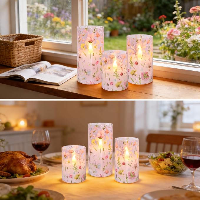 Pink Flameless Candles with Remote Timer, Glass Battery Operated Candles, Pink Flower Decals LED Candles for Home Party Wedding Mother's Day Thanksgiving Decor Set of 3