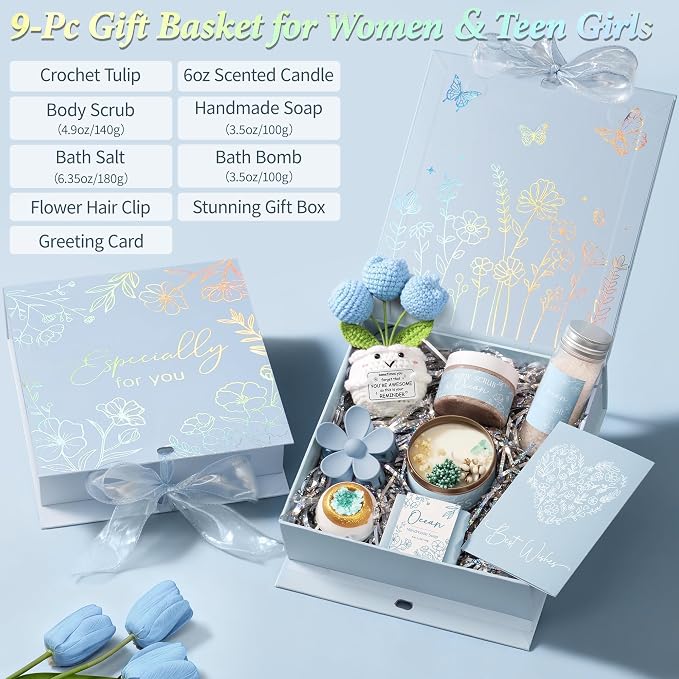 Spa Gifts for Women Bath Gift Set, Ocean Relaxing Spa Gift Baskets Home Bath Set Self Care Kit Care Package Thank You Mothers Day Birthday Easter Gifts for Women Her Mom Friends Sister Teen Girls Wife