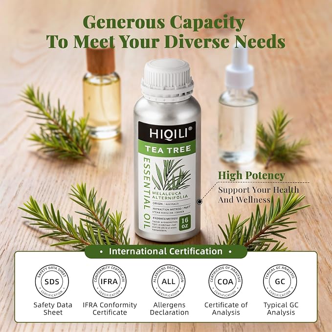 HIQILI Tea Tree Oil 16 Fl Oz, for Skin, Hair, Nail, Diffuser, Soap Making, Includes Two Portable Decanters