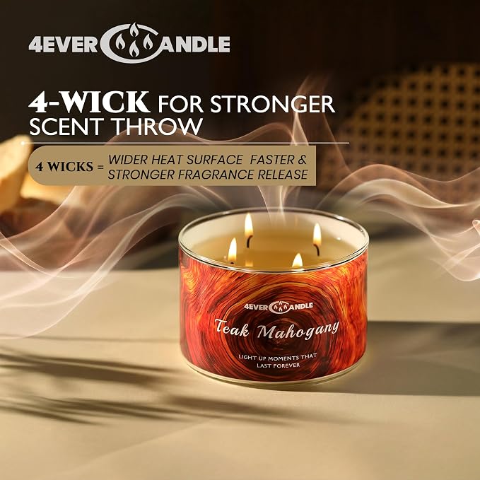 4EVER Scented Candles | 4-Wick 18oz Soy Wax Candle | Up to 50Hrs Clean Burn | Aromatherapy Candles for Home Scented | Gifts for Women & Mom, Teakwood & Mahogany