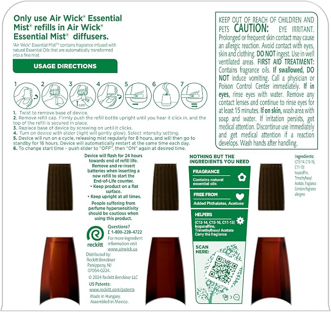 Air Wick Essential Mist Refill Multipack - Watermelon & Berries, Sea Spray & Breeze, Honeysuckle & Raspberry (Pack of 6)