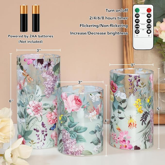 Floral Flameless Candles with Remote Timer, Pink Rose and Lilac Pattern LED Glass Candles, Battery Operated for Home Party Wedding Christmas Spring Valentine's Day Decor, Set of 3