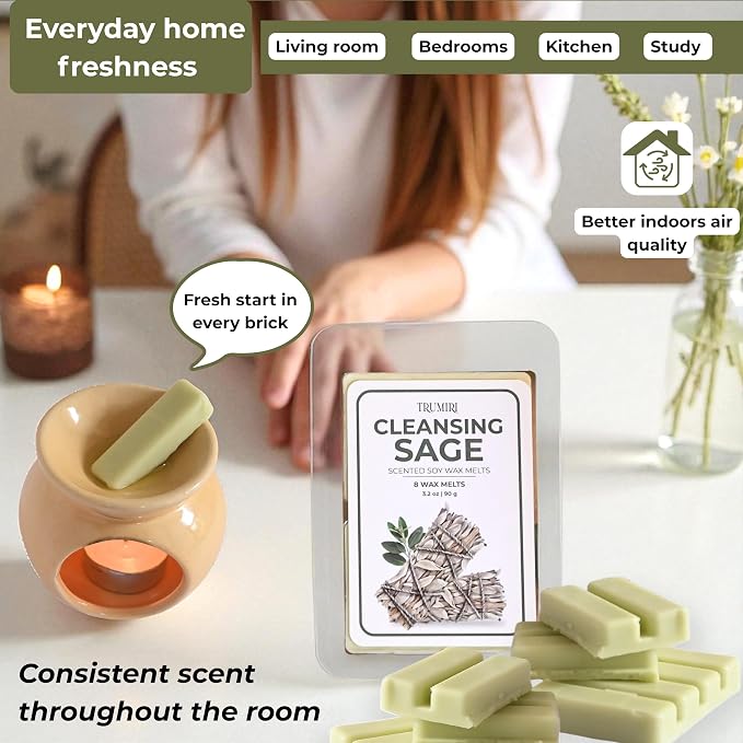 Cleansing Sage Scented Wax Melts - Made With Non Toxic Soy Wax And Essential Oils - Long Lasting Strong Scent Pet Safe Candle Wax Cubes Tarts For Warmers Pack Of 4 - For Cleansing Negative Energy
