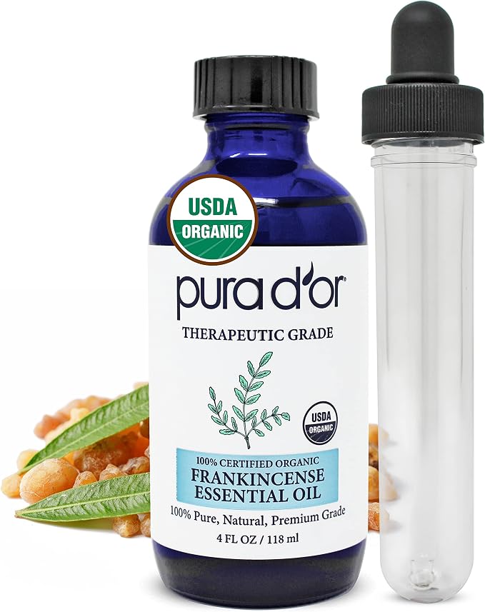 PURA D'OR ORGANIC Frankincense Essential Oil (4oz with Glass Dropper) 100% Pure & Natural Therapeutic Grade For Hair, Body, Skin, Aromatherapy Diffuser, Relaxation, Meditation, Mood, Massage, DIY Home