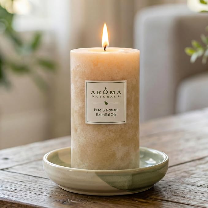 Aroma Naturals Ginger and Clove Essential Oil Beige Scented Pillar Candle, Earth, 2.75 inch x 5 inch