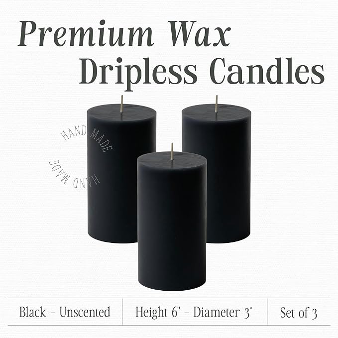 Mister Candle Dripless Unscented Pillar Candles, Set of 3 Hand Poured Black Pillar Candles, Solid Color Non-Scented Candles for Home Decor, Premium Wax, 80 Hr Burn Time, 3x6 Inch