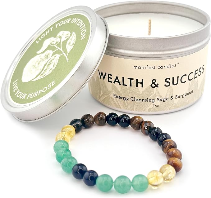 Manifest Sage & Bergamot Money Candle, 45 Hour Burn, Manifestation Bracelet, Protection Candle for Negative Energy, Abundance Candles, Intention Spiritual Candles for Positive Energy
