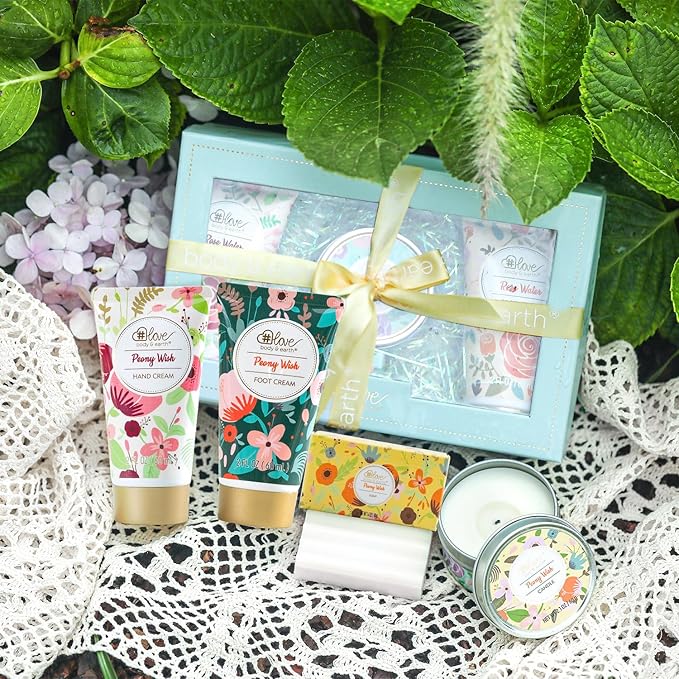 BODY & EARTH # LOVE Hand Cream Gifts Set for Women,4 Pack Peony Wish Skin Care Set Spa Kit with Hand Cream Foot Cream,Soap,Scented Candle,Birthday Gifts for Women Teen Girl Graduation Gift Teachers