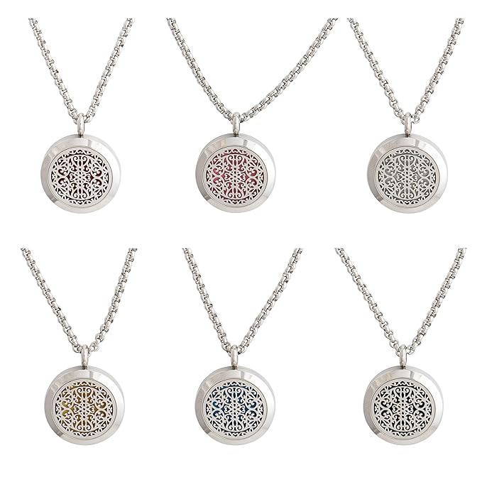 Wild Essentials Wrought Iron Essential Oil Diffuser Necklace, Stainless Steel Locket Pendant with 24 inch Chain, 12 Color Refill Pads, Customizable Color Changing Perfume Jewelry for Aromatherapy