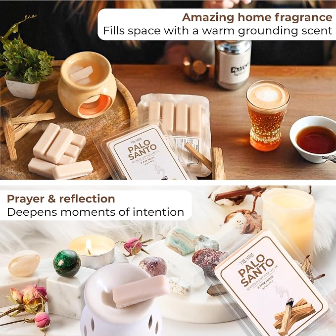 TRUMIRI Palo Santo Scented Wax Melts - Made with Non Toxic Soy Wax and Essential Oils - Long Lasting Strong Scent Pet Safe Candle Wax Cubes Tarts for Warmers Pack of 4 - for Cleansing Negative Energy