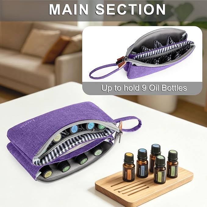 LUXJA Essential Oil Carrying Bag - Holds 9 Bottles (5ml-15ml, Also Fits for Roller Bottles), Portable Organizer for Essential Oil and Small Accessories, Purple