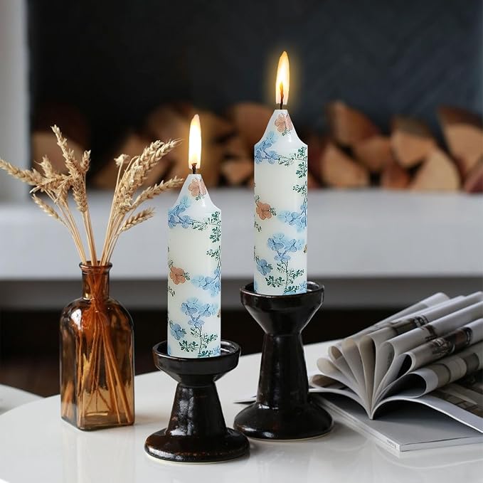 5 inch Short Candle Blue Floral Candle Sticks Printed Candlestick Handmade Unscented Taper Candle 4 Pack Blue Flower Tapered Candles for Home Dinner Wedding Holiday