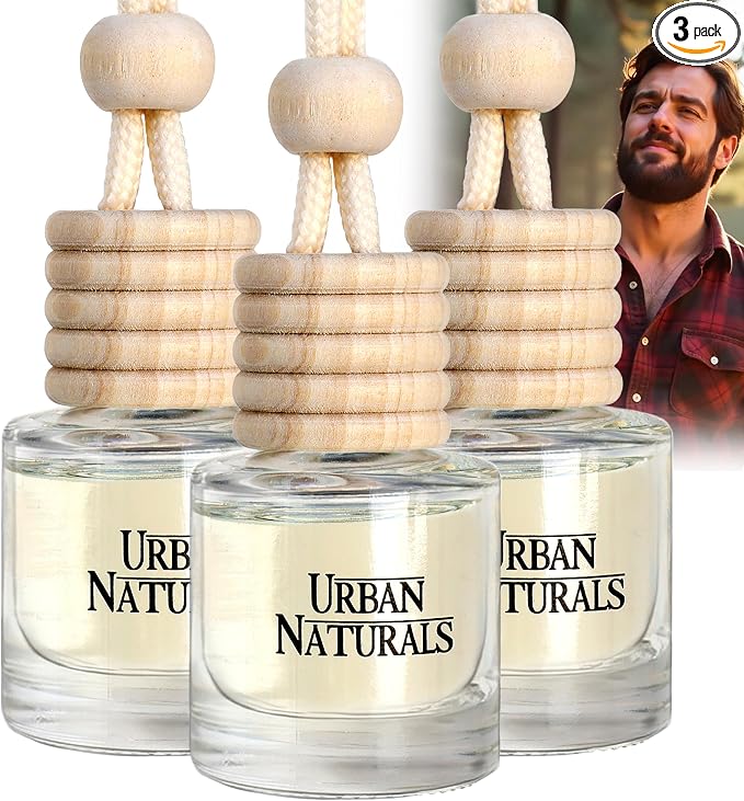 Urban Naturals Car Air Freshener Diffuser 3 Pack - Man Cave Essentials Scent, 45+ Days Long Lasting Fragrance, Made in USA, Glass & Wood, Hanging Design + Vent Cip, Easy to Use