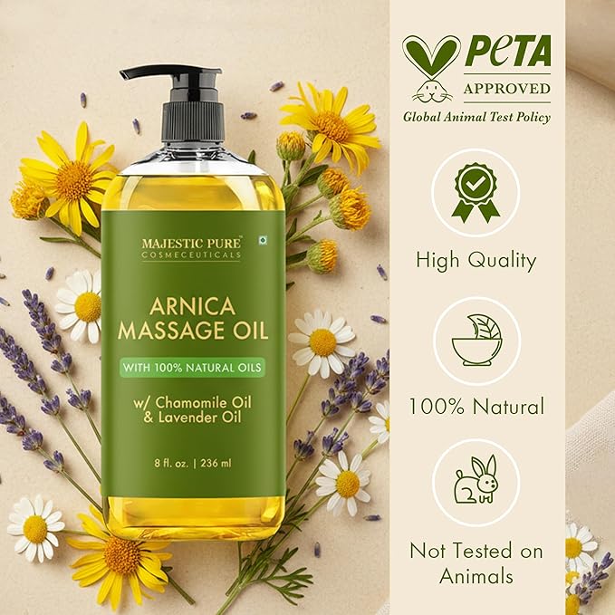 MAJESTIC PURE Arnica Sore Muscle Massage Oil for Massage Therapy - Refreshing and Relaxing - Natural Oils with Lavender & Chamomile Essential Oils - All Skin Types - Men & Women Massage Lotion-8 fl oz