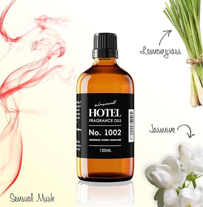 AirScent Hotel Diffuser Oil No. 1002 - Lemongrass Jasmine Amber - Hotel Scent Dupe - Premium Fragrance Oil for Ultrasonic and Waterless Diffusers and Crafting - 120 mL, 4 fl oz Glass Dropper Bottle