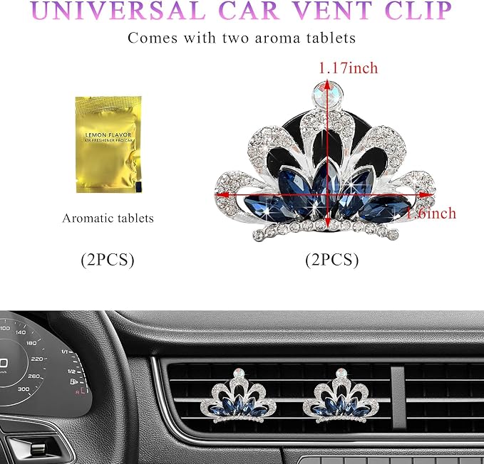 Yourkar 2 PCS Bling Car Air Vent Clips, Crystal Rhinestone Crown Vent Decorative Air Freshener Clips, Sparkly Diamond A/C Outlet Aroma Diffuser Clip for Vehicles, Car Accessories (Blue)