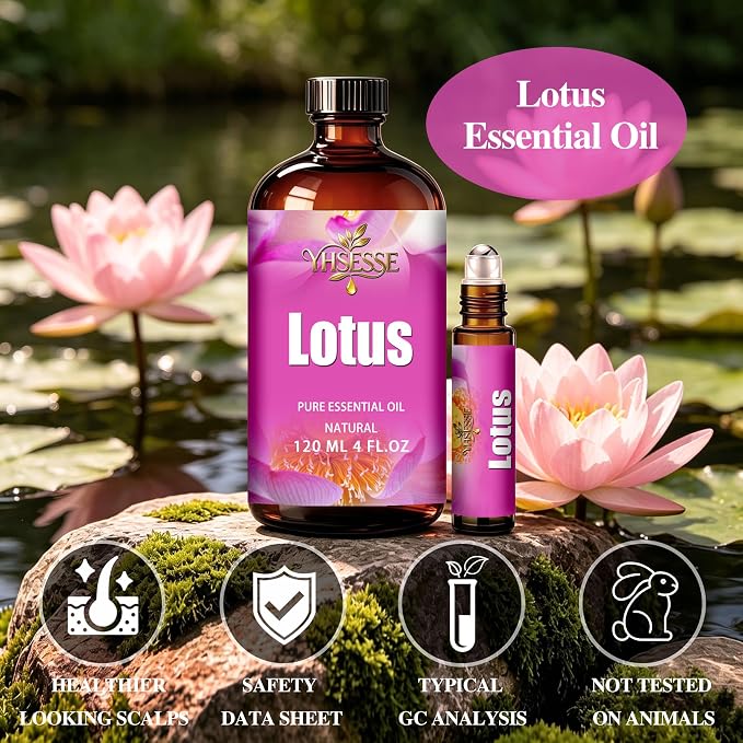 Lotus Essential Oil, Lotus Oil 4 Fl Oz 120ml for Diffuser Yoga Soap & Candle Making – with 0.33 Oz Roller Ball & Dropper YHSESSE Essential Oils
